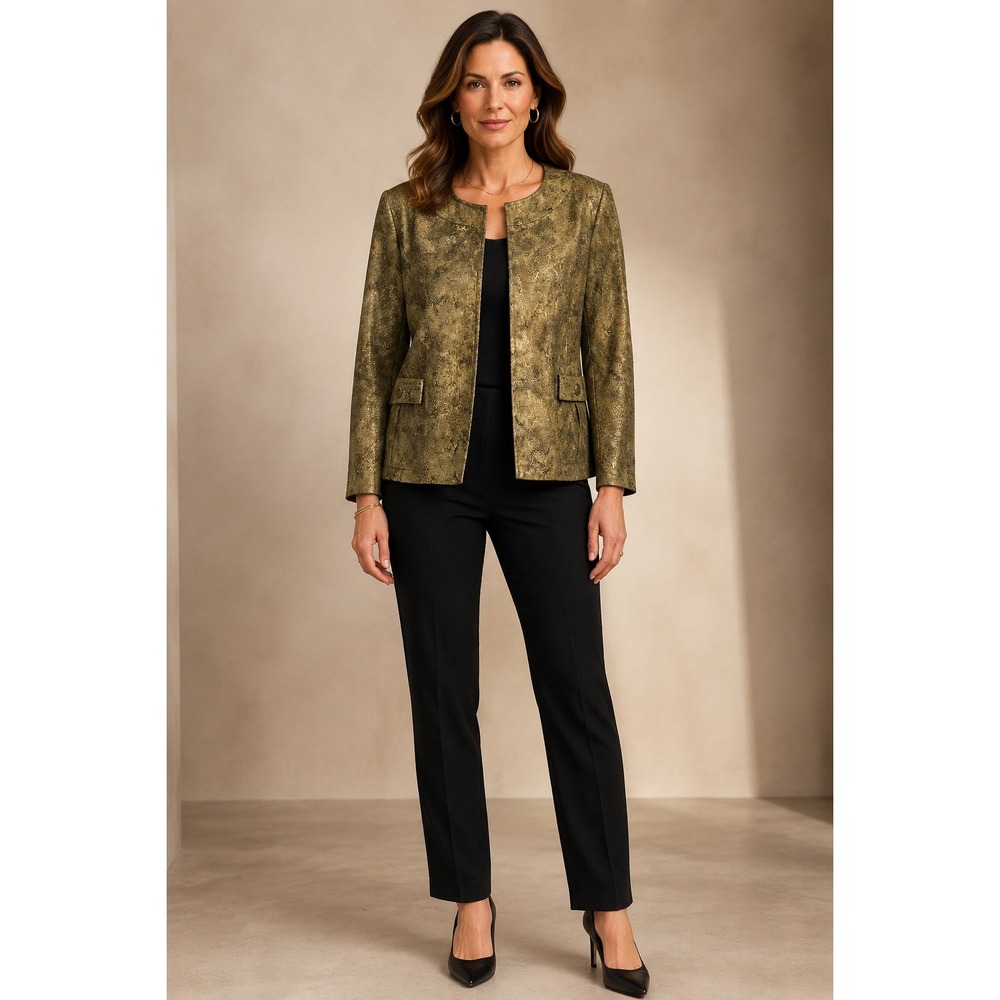 Dressbarn Metallic Gold Snake Print Blazer Jacket Y2K Open Front Women's S
